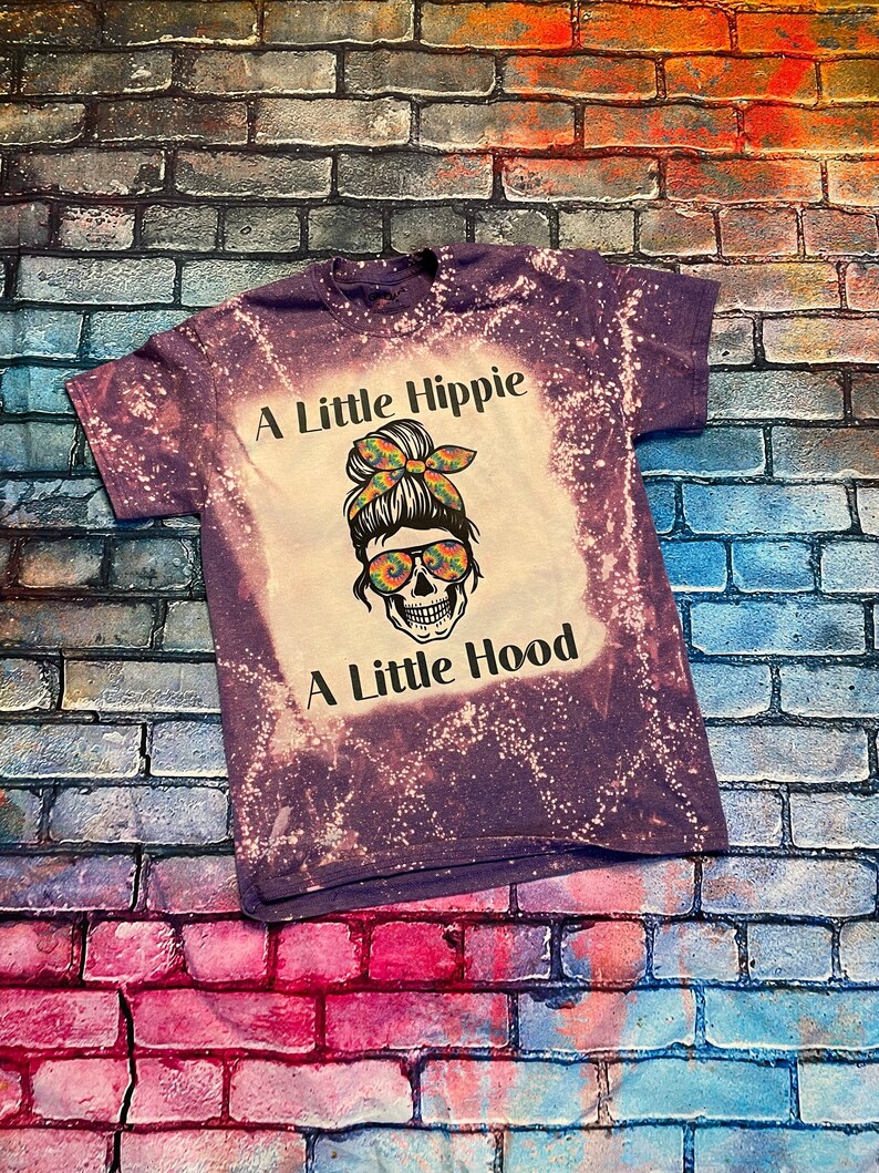 A Little Hippie, A Little Hood , Mom Life Distressed Bleached Purple Graphic Tee Shirt 