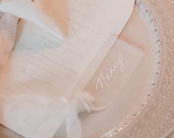 Arched Wedding Menu: Blush Neutral Stationery, Foliage Design