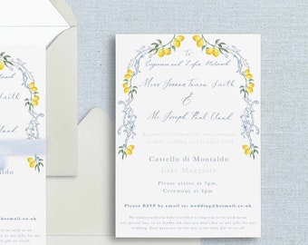 Blue and Yellow Lemon Wedding Invitation, Italian Inspired invitation - includes envelope - w/ envelope