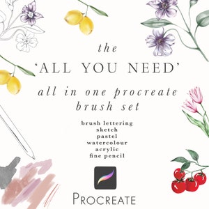 Könnte beinhalten: Eine digitale Illustration eines Procreate-Pinselsets für digitale Künstler. Das Bild zeigt eine Vielzahl von Pinselstrichen in verschiedenen Farben und Stilen, darunter Pinselschrift, Skizze, Pastell, Aquarell, Acryl und Bleistift. Der Text 'ALL YOU NEED' und 'all in one procreate brush set' ist im Bild zu sehen.