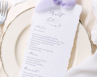 Menu weselne z ręcznie robionego papieru: rustykalna papeteria (99 x 210 mm)