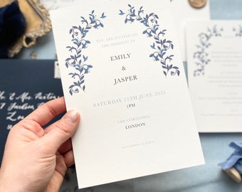 Blue Ornate Wedding Invitation, Spanish / Italian inspired luxury wedding invitation w/ envelope