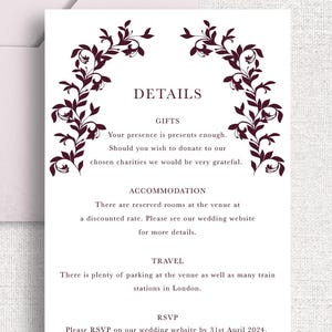 London Collection DETAILS Karte, Moderne florale Details Karte, Blush Einladung, Chic Floral Einladung Design