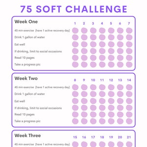 以下が含まれることがあります： 紫色の枠で囲まれた、印刷可能な75日間のチャレンジトラッカー。トラッカーには、45分の運動、1ガロンの水を飲む、健康的な食事、飲酒を社交的な機会に制限する、10ページを読む、そして進捗状況の写真を撮るなど、毎日のタスクが含まれています。