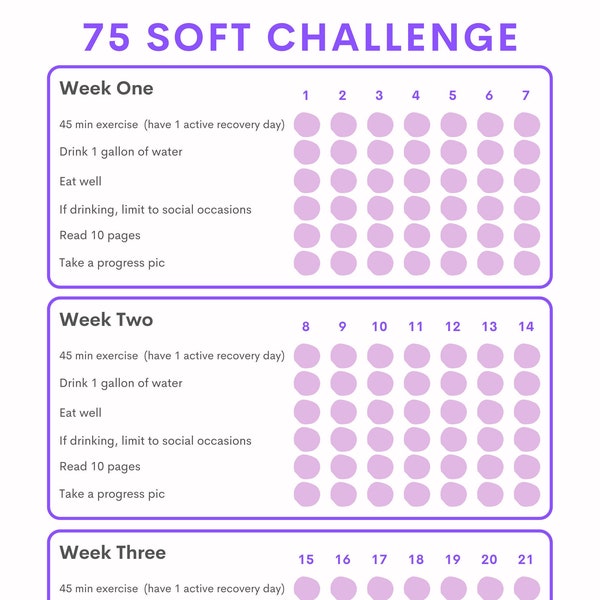 75 Soft/Easy Challenge Daily Tracker | Habit Tracker | Digital Download/Ready to Print - PURPLE