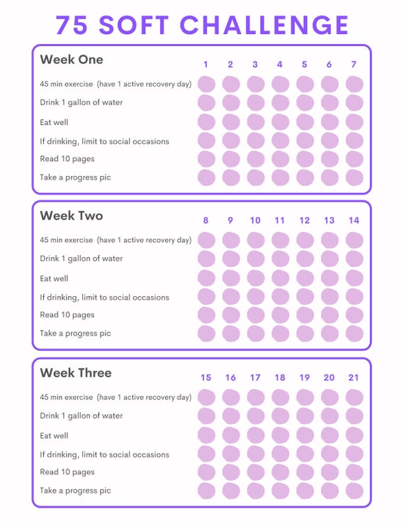 75 Soft/Easy Challenge Daily Tracker | Habit Tracker | Digital Download/Ready to Print - PURPLE
