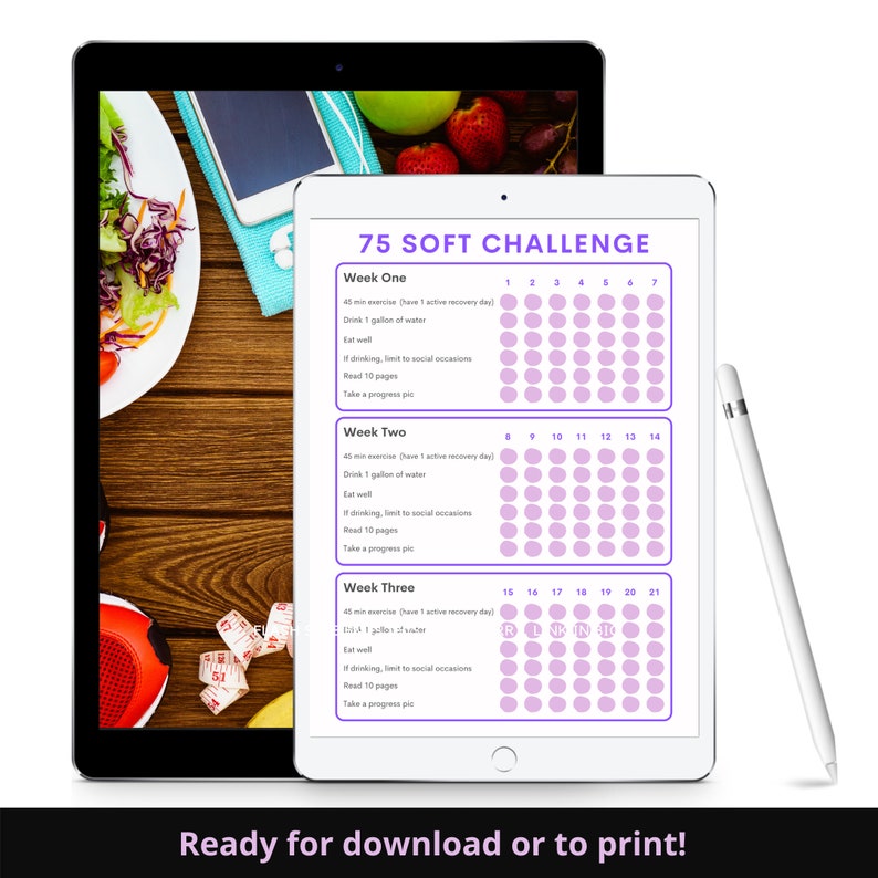 May include: A printable 75 Soft Challenge tracker with three weeks of daily goals. The tracker includes 45 minutes of exercise, drinking 1 gallon of water, eating well, limiting social occasions, reading 10 pages, and taking a progress picture.