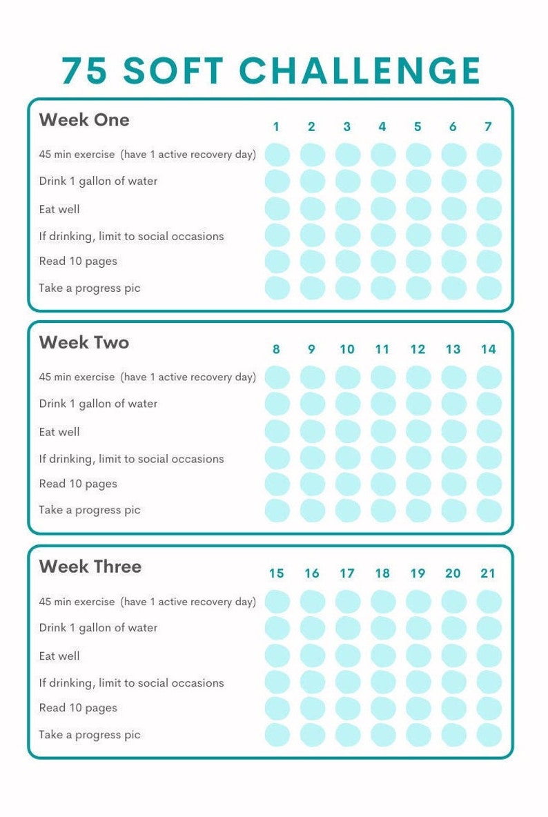 May include: A white and teal 75 Soft Challenge tracker. The tracker is divided into three weeks, each with a list of daily tasks and a space to mark progress. Tasks include exercise, water intake, and reading.