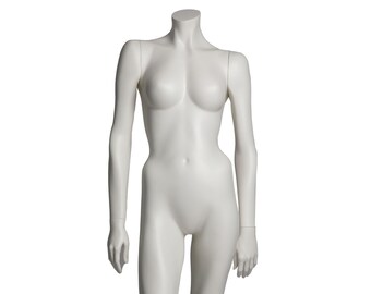 Standing headless female mannequin in matte white.  Two styles available-CLOSEOUT from a VERY high end retailer