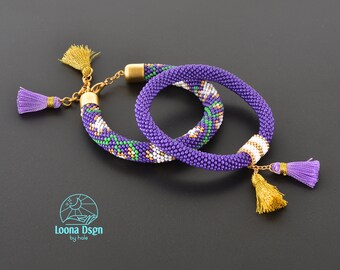 Loom Beaded Bracelet, Tiny Miyuki Wristlet Set, Purple Seed Bead Bangle, Boho Armlet set, Friendship Bracelet set, Adjustable Wristband