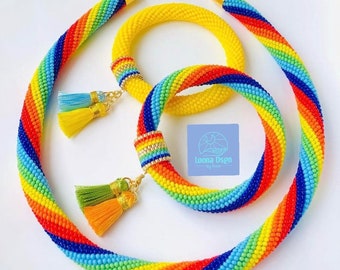 Kralen armband en ketting set, Miyuki ketting en armband set, 3 stukken set, regenboog armband en ketting set, kleurrijke ketting set