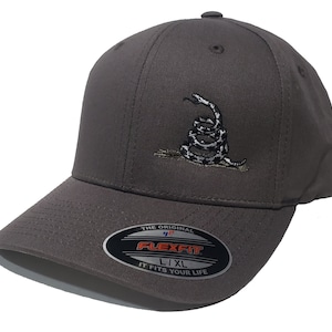 Gadsden Flag Snake Embroidered Dark Gray Cap, Subdued Colors, FLEXFIT Hat 5001