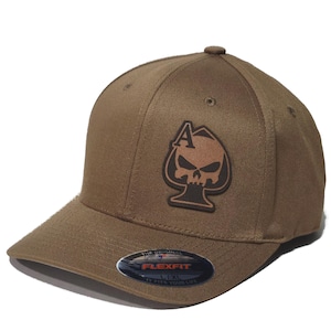 Leather Patch Ace of Spades Skull 2A, Coyote Brown,  FLEXFIT Hat 6277