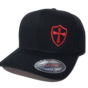 Red Knights Templar Crusader Cross in Shield Embroidered, FLEXFIT Black Cap Hat 5001