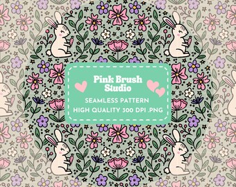 Spring Bunny Seamless Pattern | Floral Digital Paper | 12x12" PNG Download | Cottagecore Spring Design for Scrapbooking & Sublimation