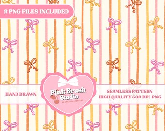 Fall Stripes & Bows Seamless Pattern, Autumn Digital Paper, Yellow Orange Pink Cream Background, Cozy Cute Stripe Print, Sublimation PNG