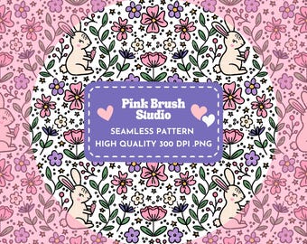 Spring Bunny Seamless Pattern | Floral Digital Paper | 12x12" PNG Download | Cottagecore Spring Design for Scrapbooking & Sublimation