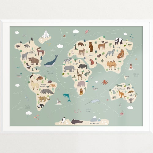 Animal World Map World Map Nursery Etsy