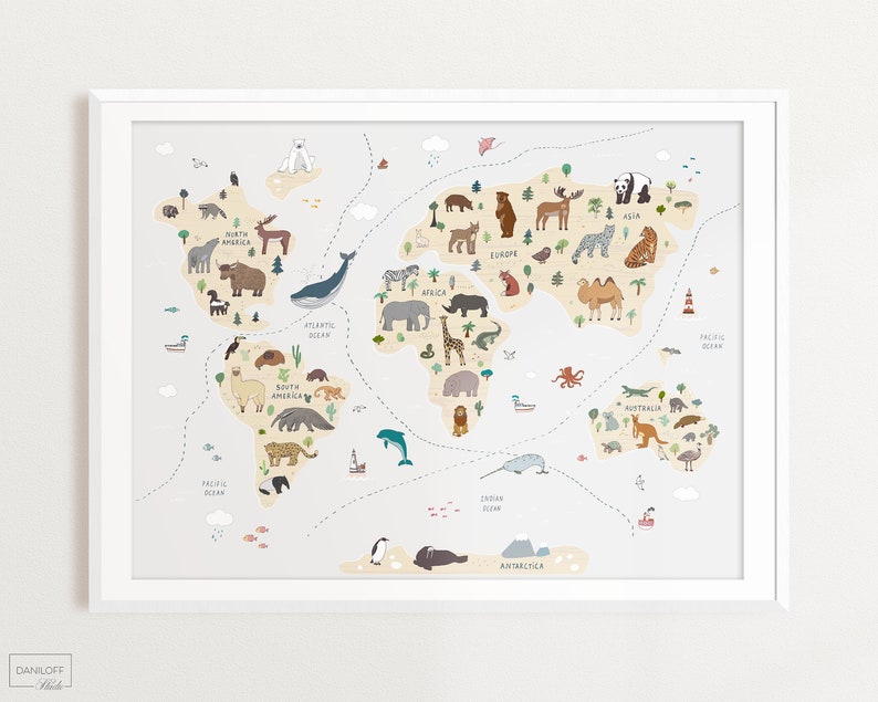 Animal World Map World Map Nursery Etsy Canada