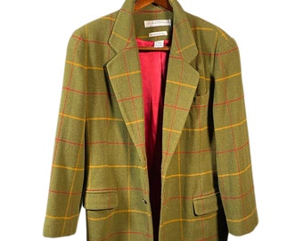 Vintage Anne Pinkerton Olive Plaid Wool Blazer Red Lining, Size Large | 90's Casual Wool Blazer