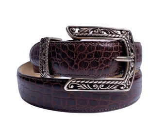 Vintage 90s Brighton Leather Belt Brown Crocodile, L / 34
