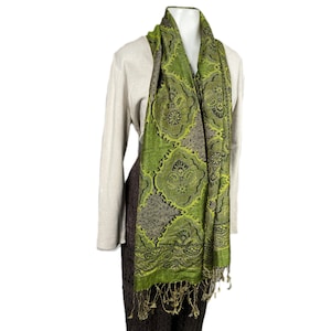 Vintage Woven Green Argyle Paisley Print Pashmina Scarf Boho Blanket Scarf Fringe