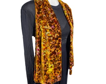 Vintage Silk Burnout Scarf Velvet Orange Maroon Abstract Floral Print Accent Wrap Wearable Art