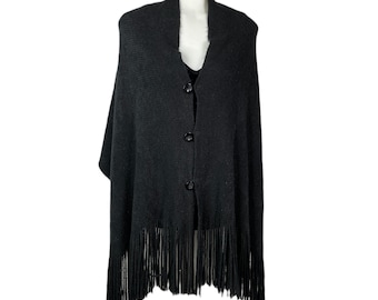 Zazou negro punto botón abajo cape jersey abrigo, punto Poncho fringe dobladillo, tamaño libre