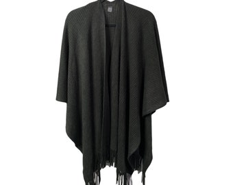 Vintage Black Knit Sweater Wrap Fringe Hem Open Poncho Shawl Cardigan Layering Piece