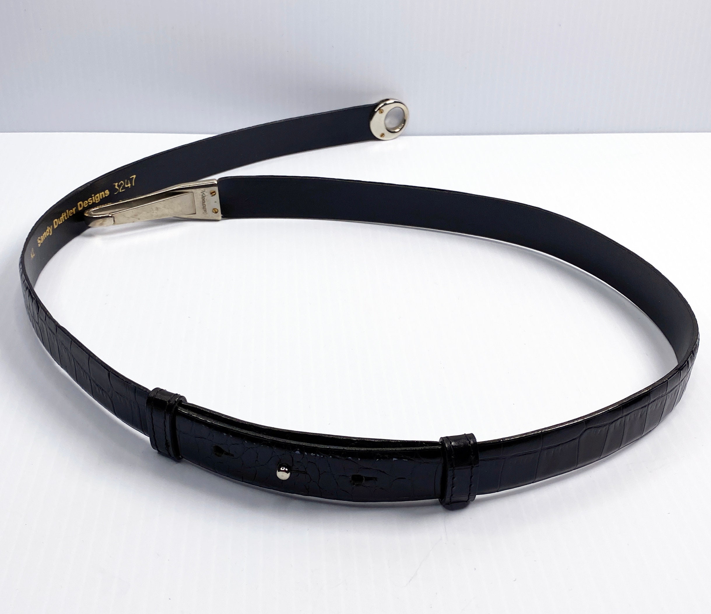 Sandy Duftler Black Croc Embossed Leather Skinny Slide Belt with Silver Tone Hoo Black Croc Pattern SANDY DUFTLER 1 1/2 main image 2