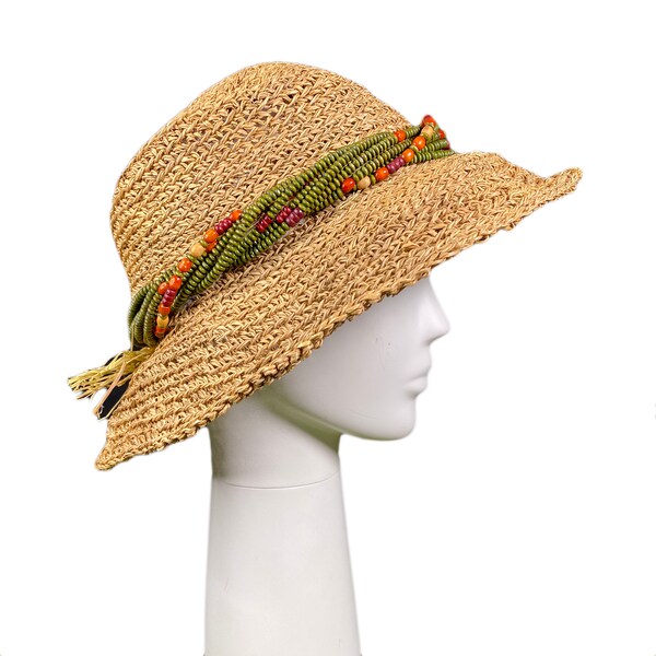 Vintage Chico's Straw Sun Hat with Beaded Raffia Band