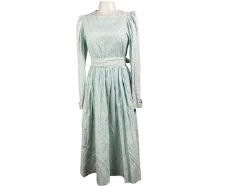 Vintage Laura Ashley vestido menta verde pequeño floral país maxi vestido con faja a juego, tamaño EE.UU. 12