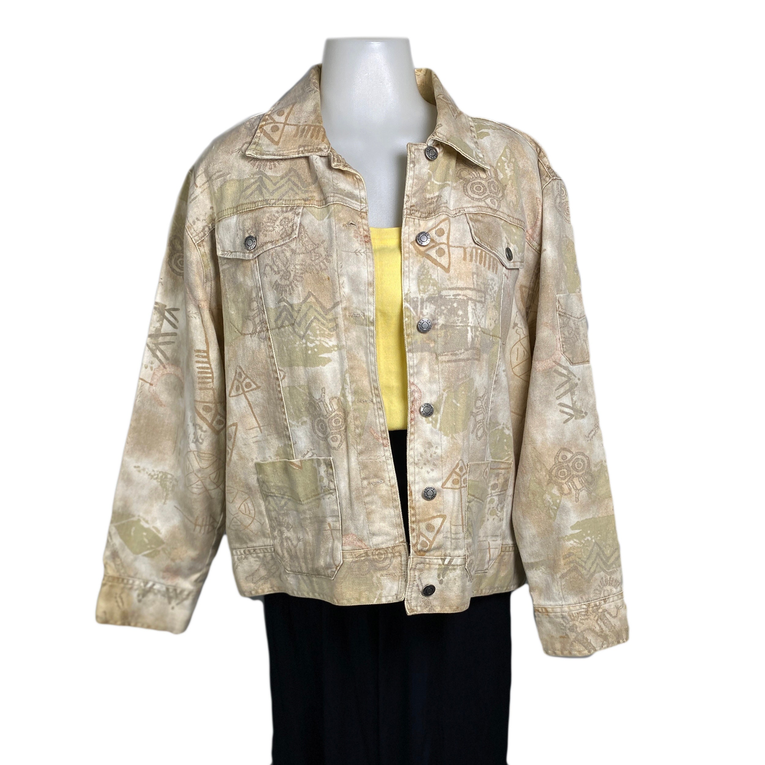 Vintage Chico's Design 90's Tribal Printed Beige Denim Jacket