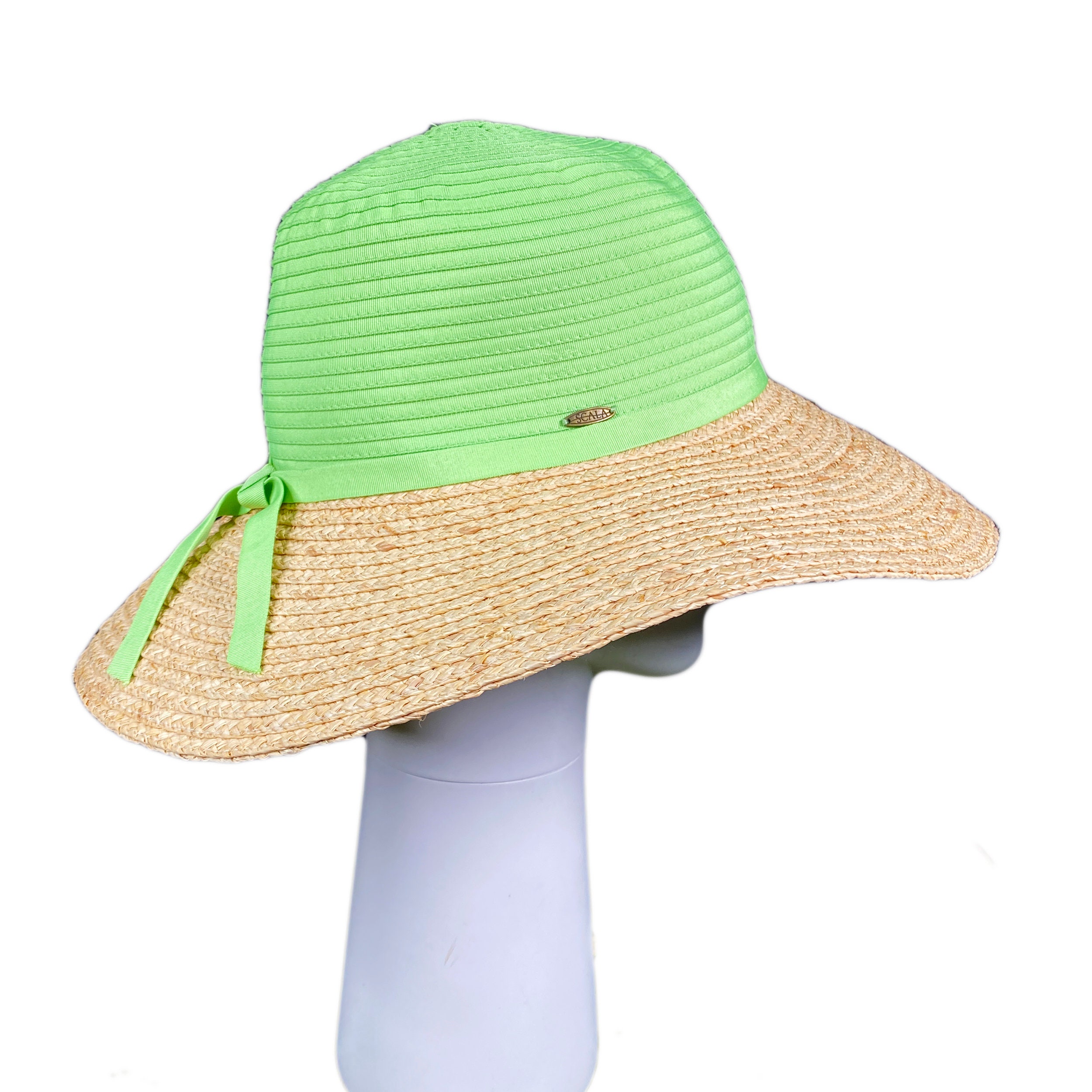Vintage SCALA Collezione Wide Brim Sun Hat Lime Green Crown 