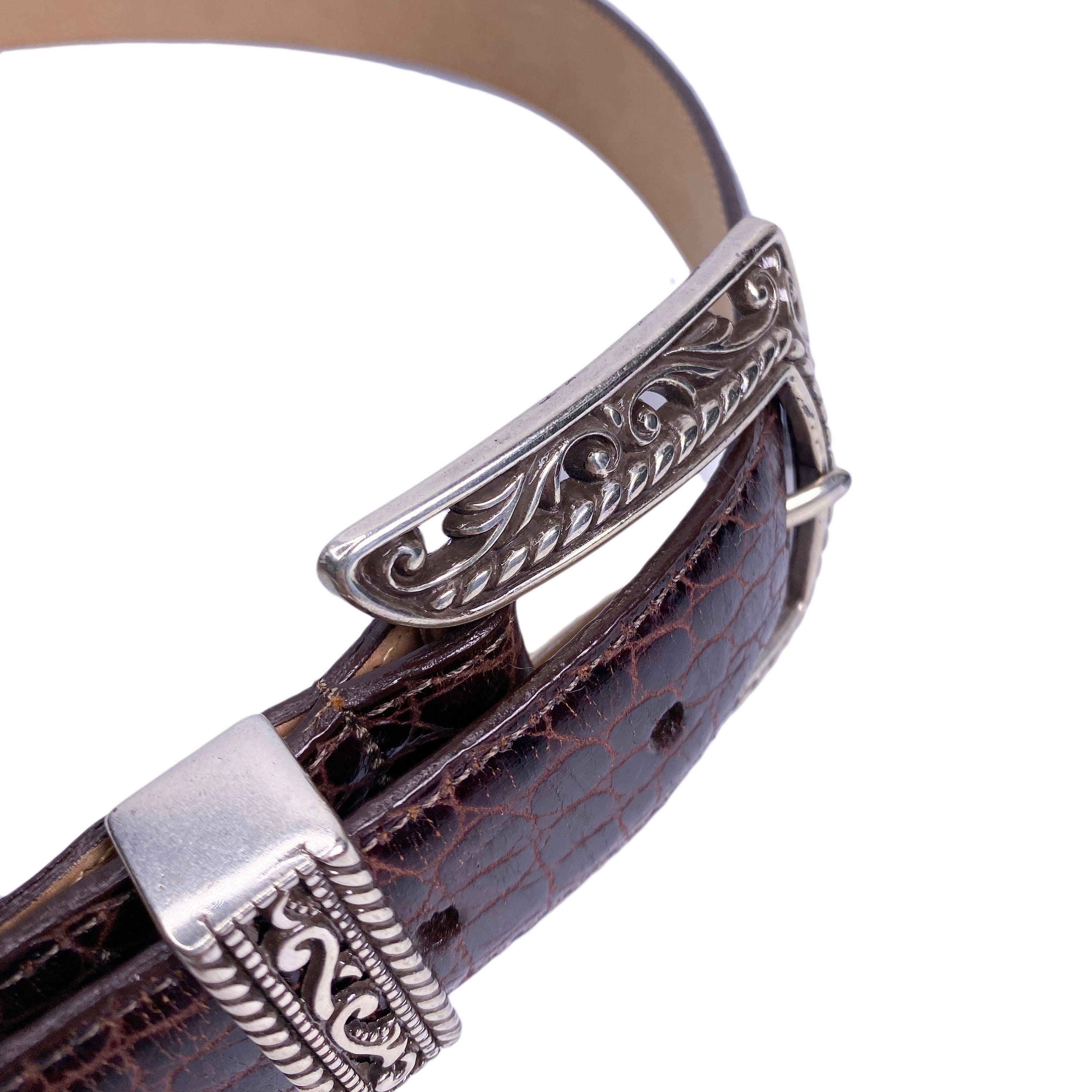 Vintage 90s Brighton Brown Crocodile Leather Belt Silver Buckle USA Vintage 90s Brighton Leather Belt Brown Crocodile, L / 34 - Etsy main image 4