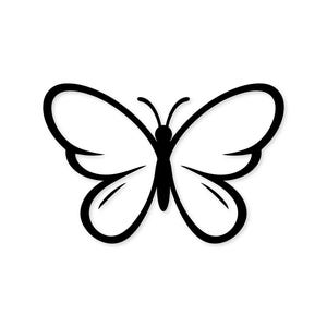 May include: A black and white butterfly illustration. The butterfly has large, rounded wings with a detailed outline. The body and antennae are also black, creating a striking contrast against the white background. This design is suitable for various applications.