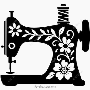 Peut inclure: Illustration en noir et blanc d'une machine à coudre vintage. La machine est ornée de motifs floraux et de feuilles. Une bobine de fil est placée au-dessus. Idéal pour les projets de couture.