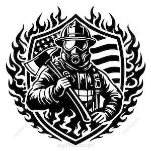 May include: Black and white illustration of a firefighter in full gear, holding an axe, within a shield featuring the American flag and surrounded by flames. The firefighter wears a helmet and gas mask.