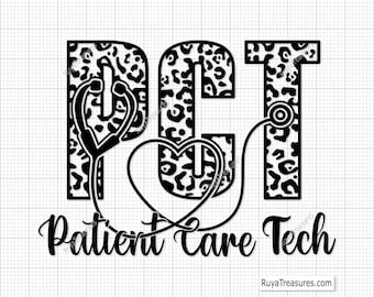 May include: Black and white graphic design of the letters "PCT" in a leopard print pattern. The letters are connected by a stethoscope with a heart shape in the middle. The text "Patient Care Tech" is written below the letters.