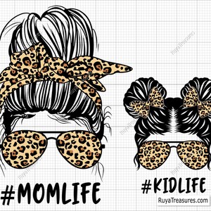Peut inclure: Graphique num&eacute;rique avec deux illustrations de coiffures portant des lunettes de soleil. L'une affiche "#MOM LIFE" et l'autre "#KID LIFE". Les deux ont un motif l&eacute;opard sur les lunettes de soleil et les coiffures. Le site RuyaTreasures.com est &eacute;galement visible.