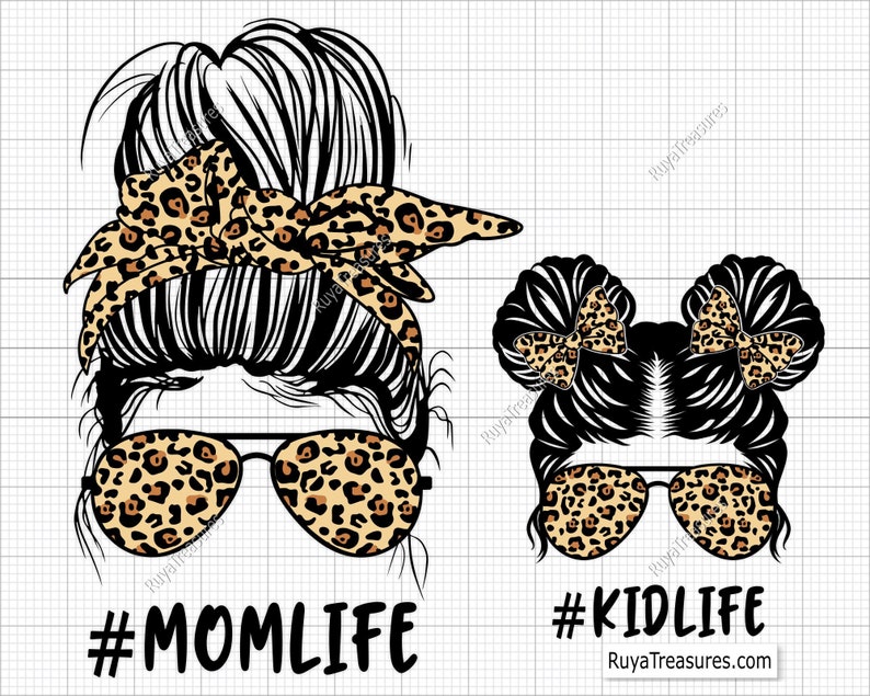 Peut inclure: Graphique num&eacute;rique avec deux illustrations de coiffures portant des lunettes de soleil. L'une affiche "#MOM LIFE" et l'autre "#KID LIFE". Les deux ont un motif l&eacute;opard sur les lunettes de soleil et les coiffures. Le site RuyaTreasures.com est &eacute;galement visible.