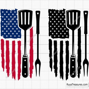 May include: A distressed American flag design with a spatula, knife, and fork in black. The flag is red, white, and blue.