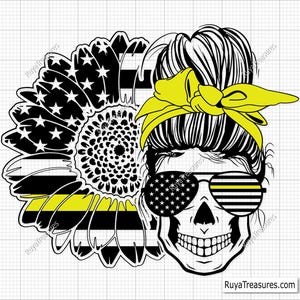 May include: Black and yellow sunflower with a skull wearing sunglasses and a yellow headband. The skull has a messy bun hairstyle. The sunflower has a black and white American flag pattern.