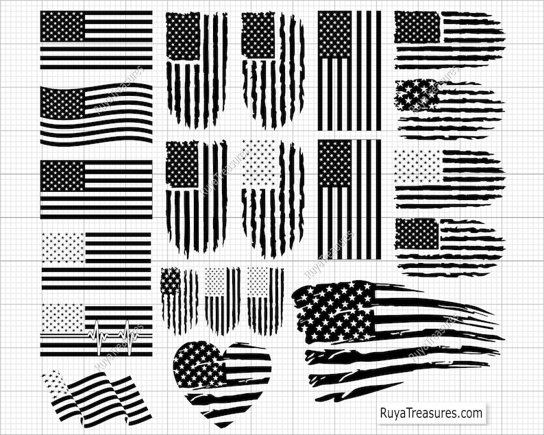 Distressed American Flag SVG Bundle featuring multiple vintage USA flag designs for patriotic crafters, holiday decorations, and American pride projects