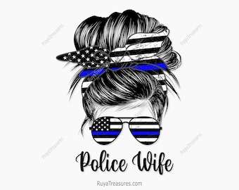 Police Wife Bun Hair Sunglasses Headband Mom Life Png, American Thin Blue Line Png, Police Png - Clipart, Printable, Sublimation File