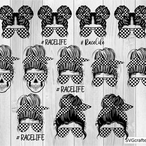 Bundle Messy Bun svg, Racing svg, Racing life svg, Checkeredflags svg, Rennauto svg - Printable, Cricut & Silhouette-Datei