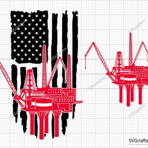 May include: Red silhouette of an oil rig with two cranes in front of a distressed American flag. The flag is black and white with red stars.