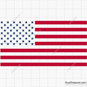 May include: A graphic illustration of the United States flag featuring a blue canton with white stars and alternating red and white horizontal stripes, set against a light gray grid background with the text RuyaTreasures.com in the corner.