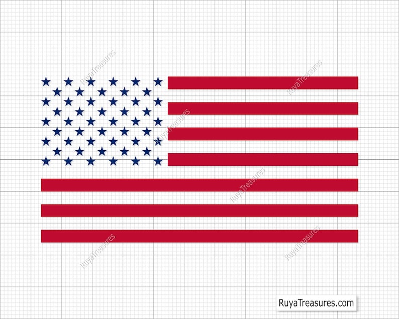 May include: A graphic illustration of the United States flag featuring a blue canton with white stars and alternating red and white horizontal stripes, set against a light gray grid background with the text RuyaTreasures.com in the corner.