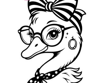 Oca impertinente SVG Clipart, Anatra civettuola con occhiali e fiocco, Illustrazione di animale femminile e carina (Download digitale)